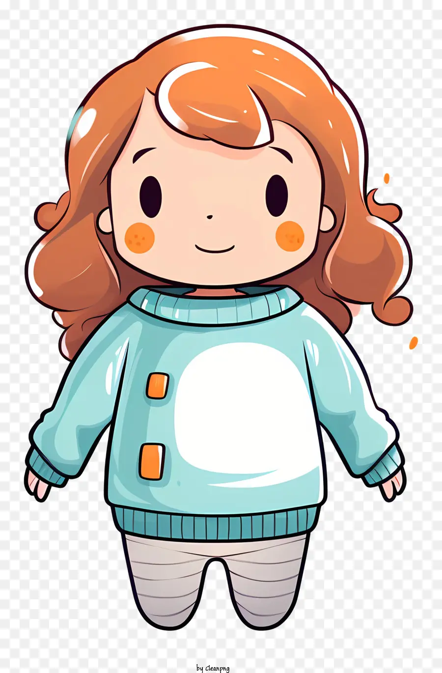 cartoon character blue sweater white pants smiling face brown hair