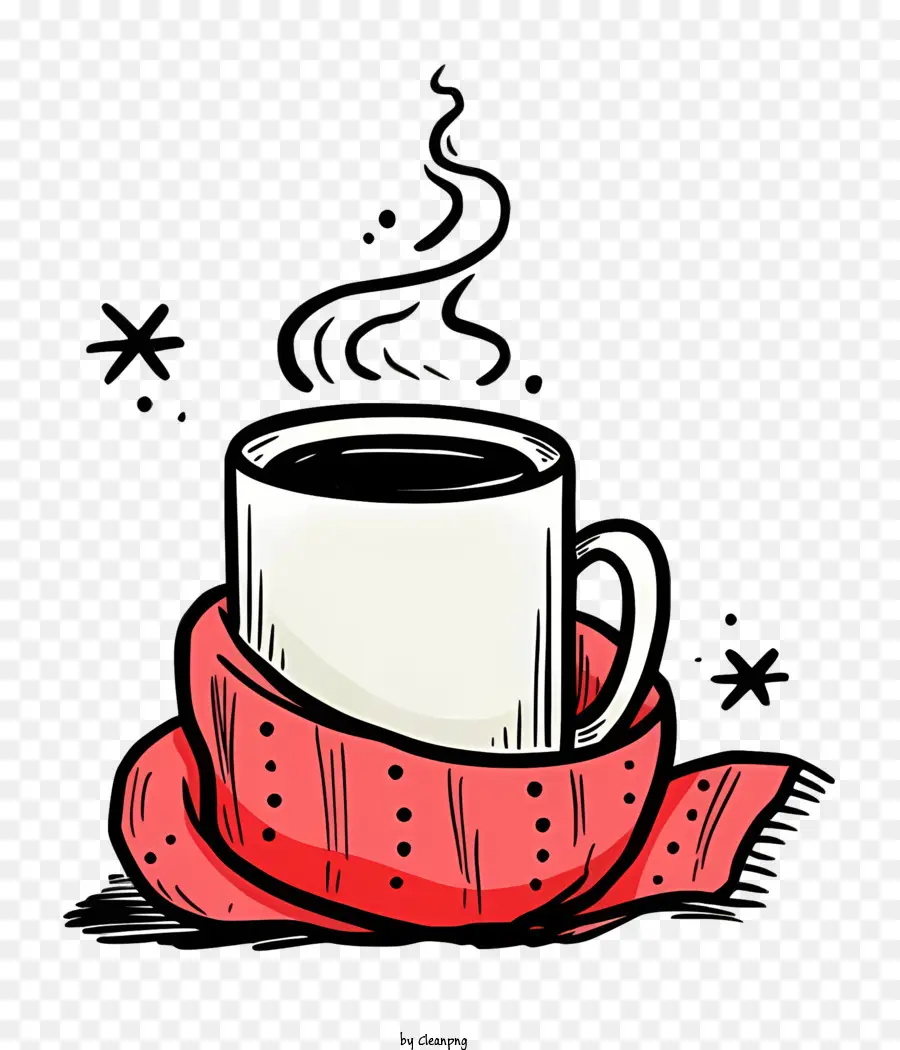 calda, caffè - Schizzo stravagante di tazza di caffè avvolta dalla sciarpa rossa