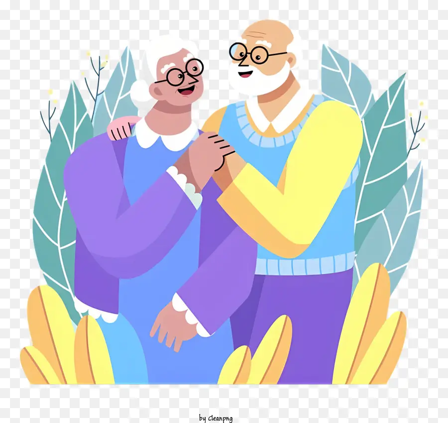 elderly couple outdoors casual clothes cane greenery