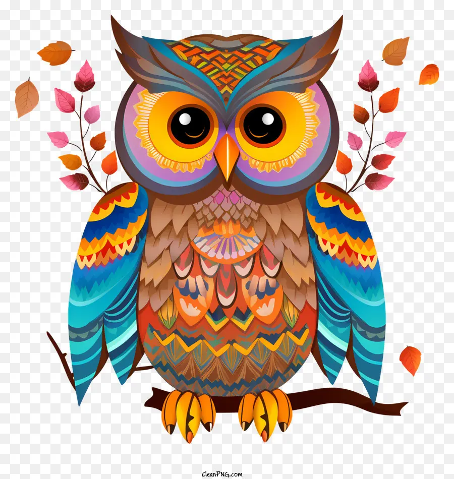 colorful owl owl on a branch feather pattern expressive owl playful owl