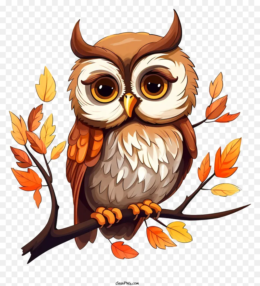 Owl Autumn Foglie Owl Brown Owl Round Eyes - Gufo autunnale arroccato sul ramo, illustrazione vettoriale