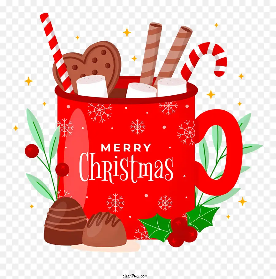 frohe Weihnachten - Rote Becher mit Schlagsahne, Schokoladenstücken; 
Santa Hat, Candy Canes, 