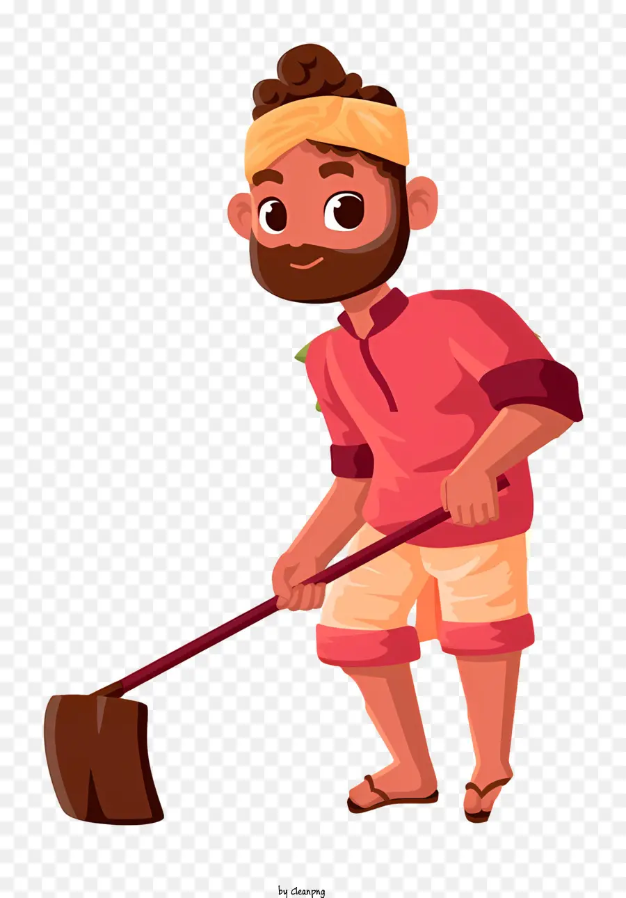 baffi - Uomo con la scopa sorride durante la pulizia del pavimento