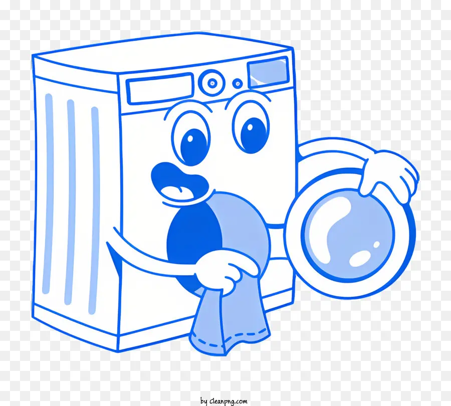 Washing Machine Character Cartoon Carattere asciugamano Porta di lavatrice Blu e Bianco - Carattere di lavatrice da cartone animato che tiene un asciugamano