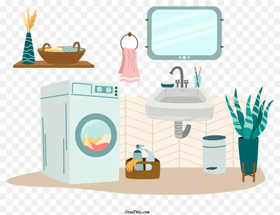 phòng tắm bồn rửa quần áo rửa khăn rổ quần áo - Phòng tắm có bồn rửa, máy giặt, cây, khăn, và tủ quần áo