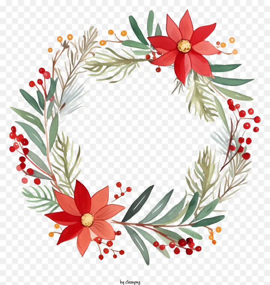 watercolor illustration wreath poinsettias holly leaves red berries