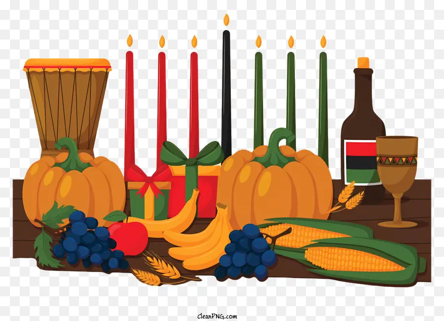 kürbis - Gemütliche Tischeinstellung mit Obst, Gemüse und Kerzen
