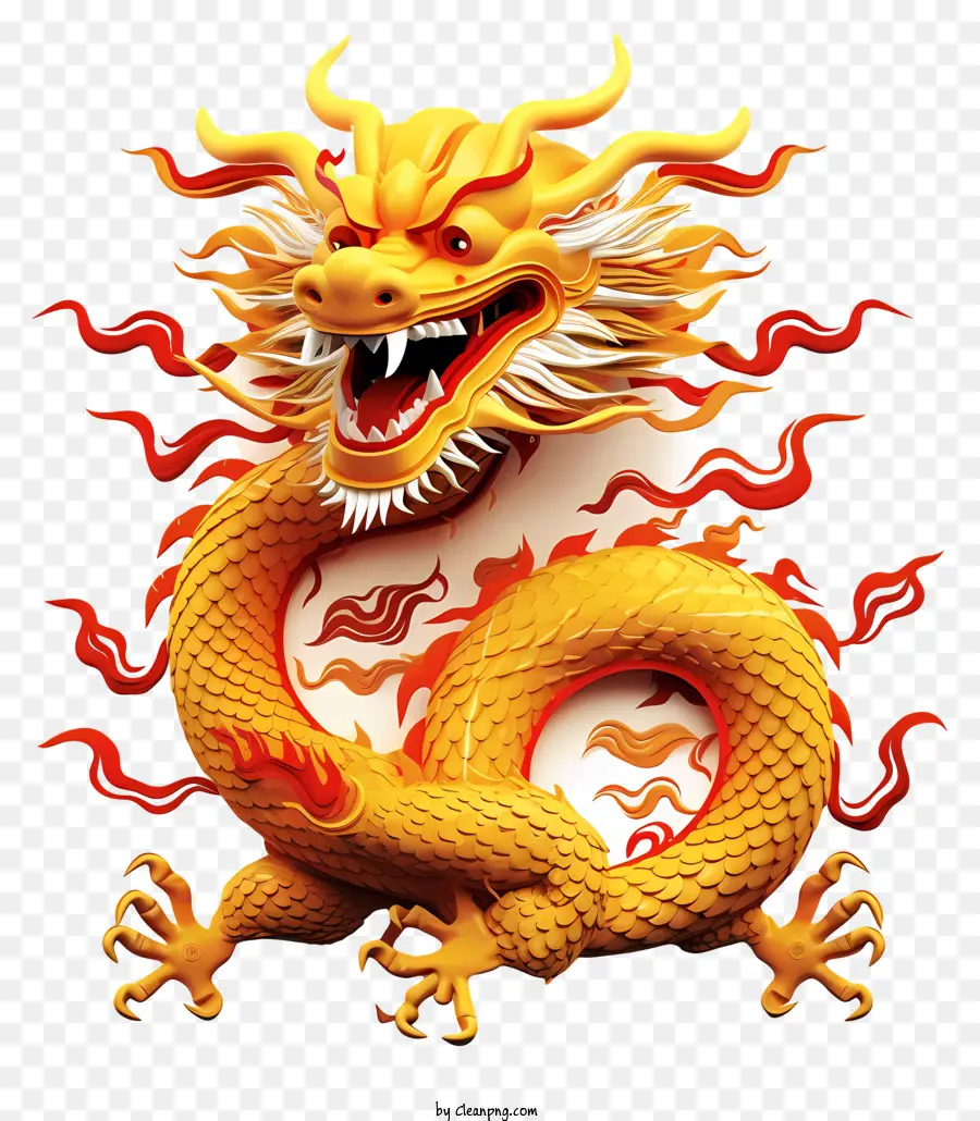 Golden Dragon Red Flames Biểu hiện dữ dội rồng cánh mắt nhắm mắt - Rồng vàng với miệng rực lửa, biểu cảm dữ dội