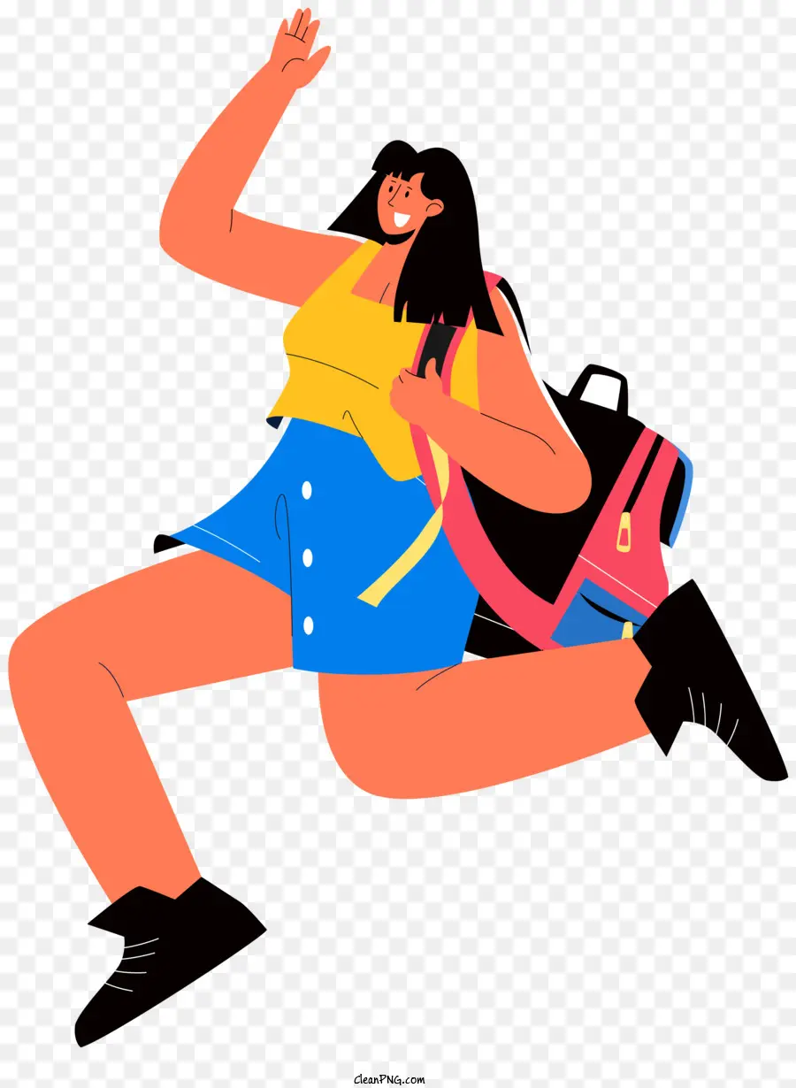 young woman blue and yellow shirt yellow skirt black backpack small bag