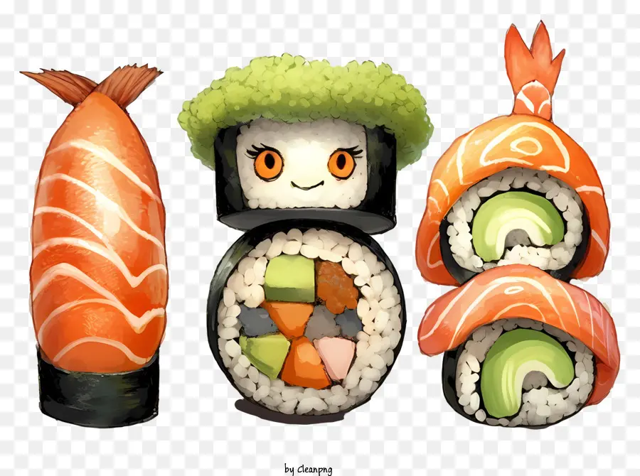 Bơ - Sushi sushi đầy màu sắc với biểu cảm vui tươi trên nền đen