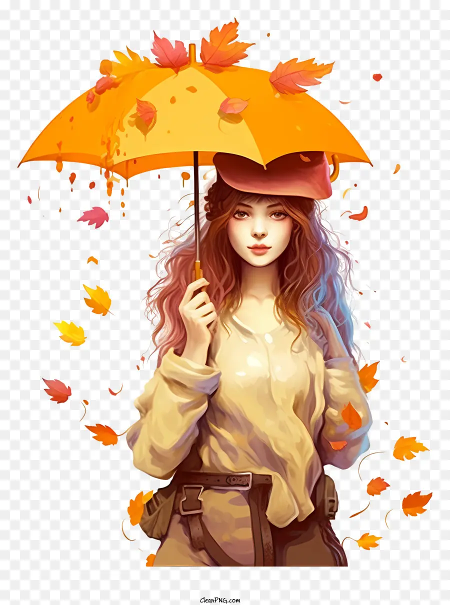 Herbstlaub - Junge Frau mit Regenschirm, die im Regen stehen