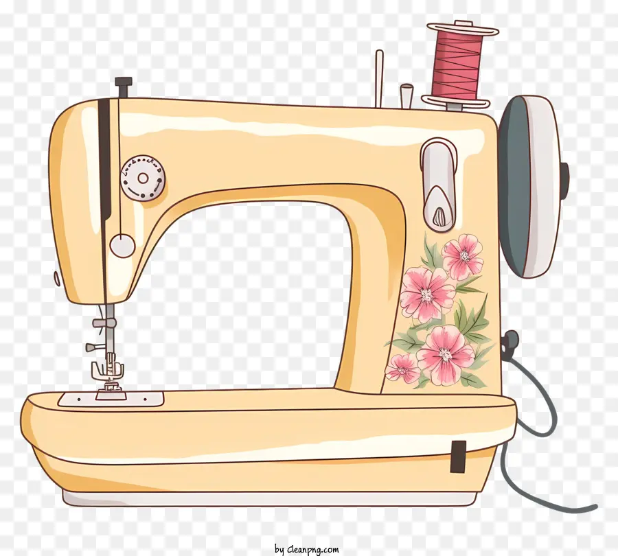 old-fashioned sewing machine floral designs yellow sewing machine white details spool of thread