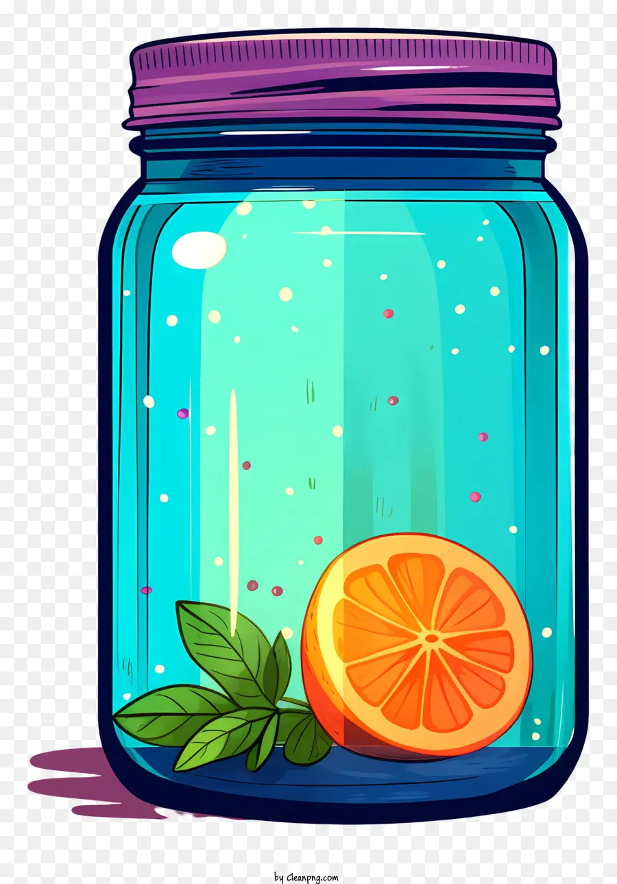 Glasglas Orangenscheiben verlässt flüssigen schwarzen Hintergrund - Glasglas mit orange Scheiben und Blättern