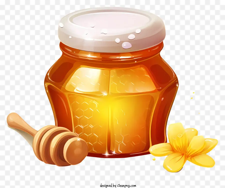 Honigglas Honigdaucher Honiglöffel Glas Glas Holzdeckel - Honigglas, Daucher und Löffel auf schwarzem Hintergrund