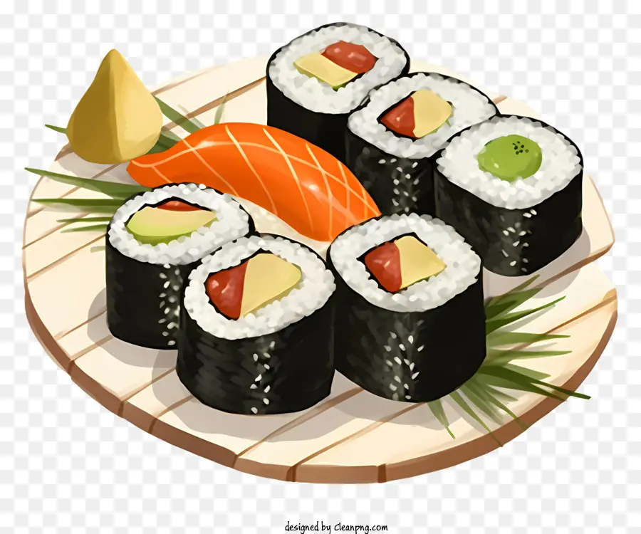holzbrett - Sushi mit Thunfisch, Lachs, Avocado und Gemüse