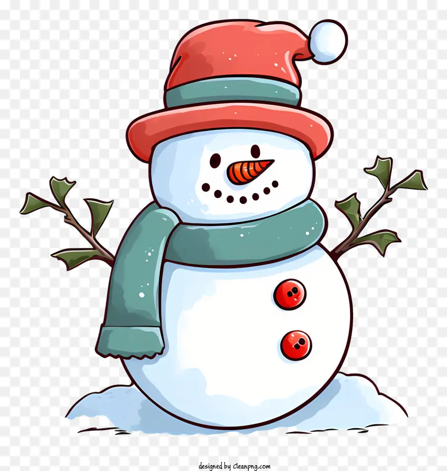 Pupazzo di neve - Snowman di cartone animato che indossa abiti da vacanza circondato da Holly