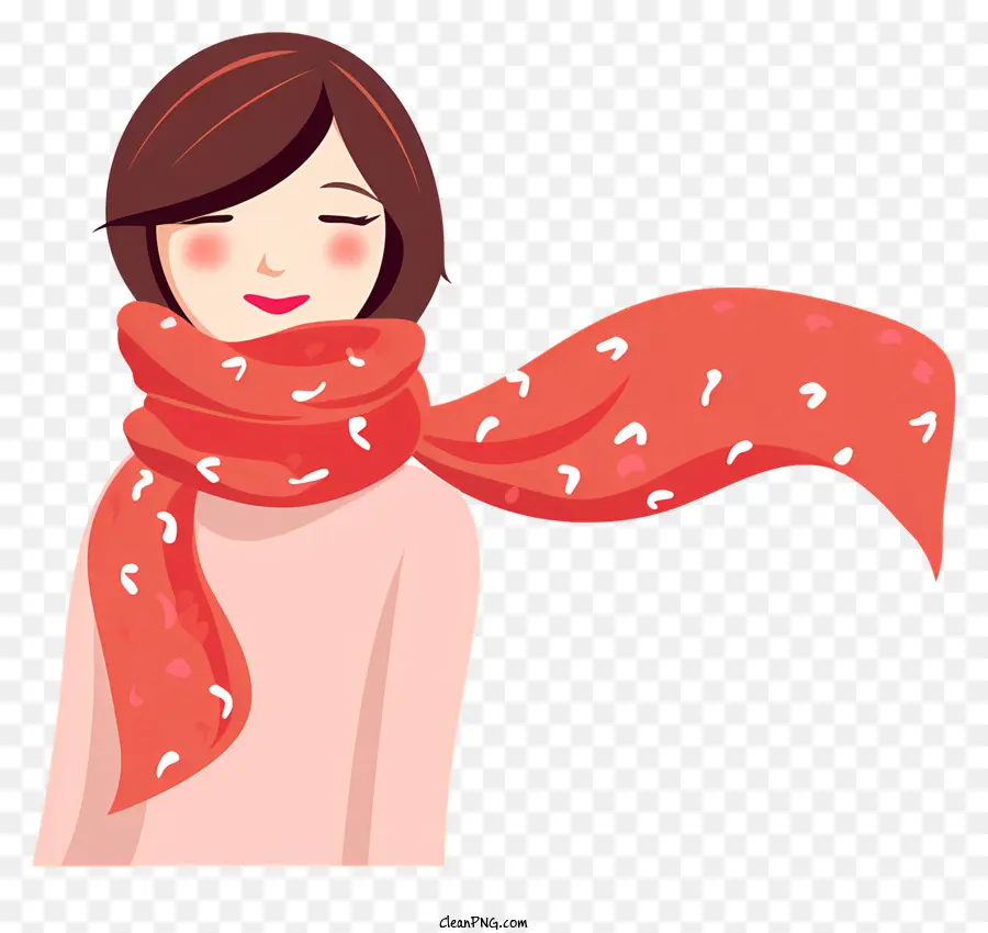 roter Schal rosa Rollkragenpullover lächelte Pferdeschwanzfrisur rosa Ohrringe - Lächelnde Frau mit rotem Schal und rosa Kleidung
