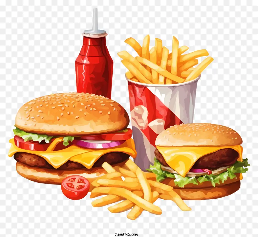 patatine fritte - Gruppo di hamburger e patatine su sfondo nero