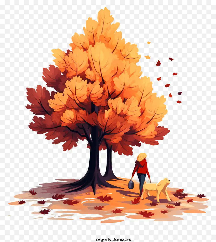 Herbst Landschaft - Frau mit Hund in der Herbstlandschaft umgeben von Blättern