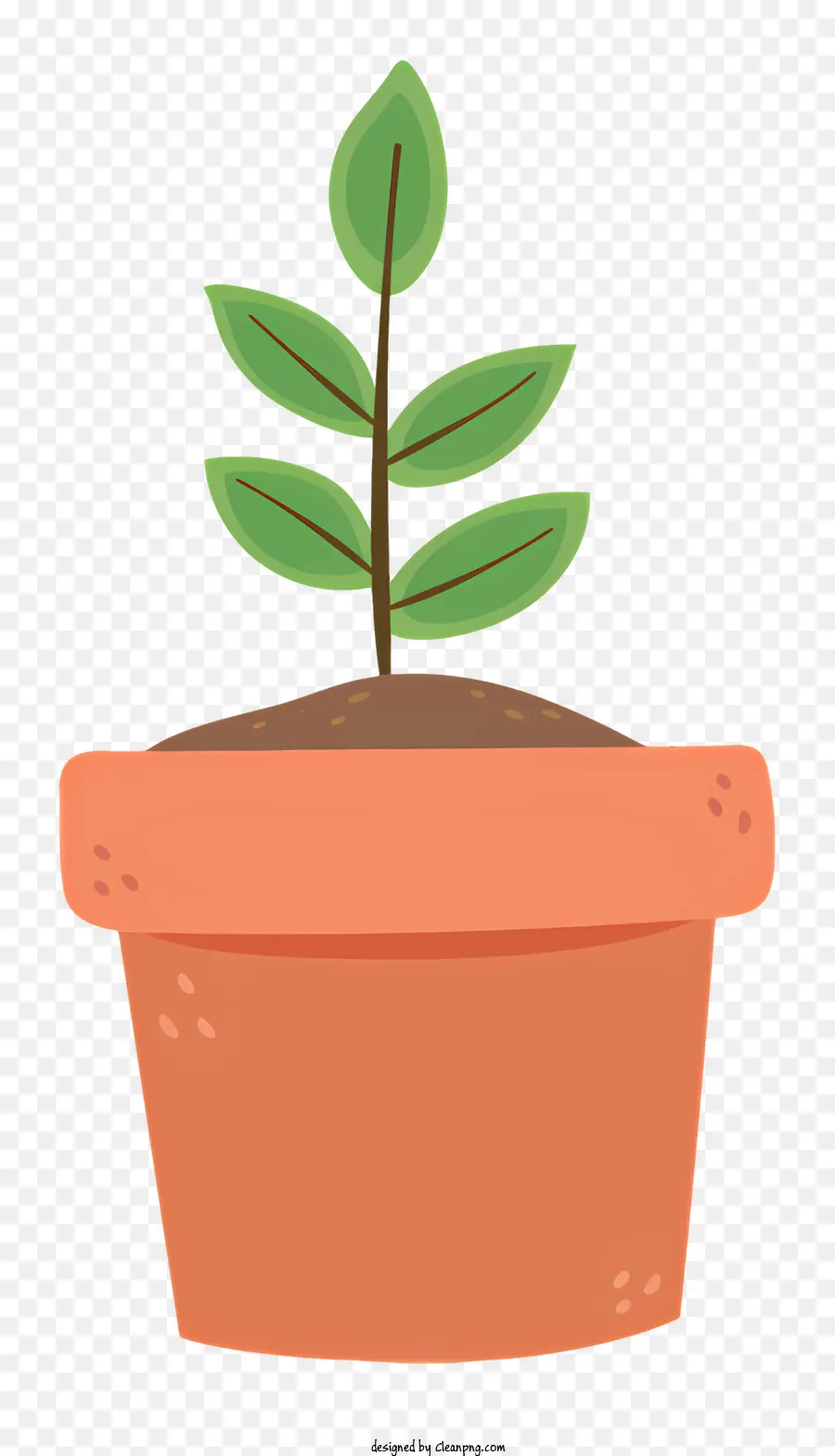 Piccola pentola di argilla vegetale sfondo nero foglie verdi piccole - Semplice illustrazione di una pianta verde in pentola