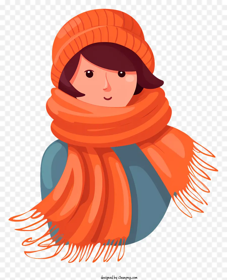 girl blue scarf beige hat black jacket orange scarf