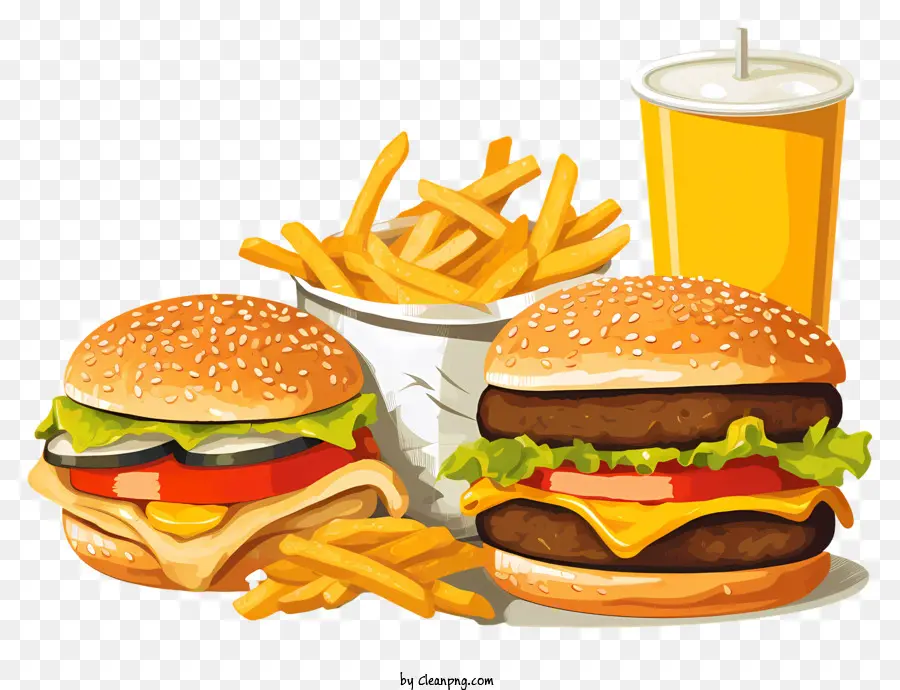 patatine fritte - Gruppo di hamburger, patatine fritte e bevande sul tavolo