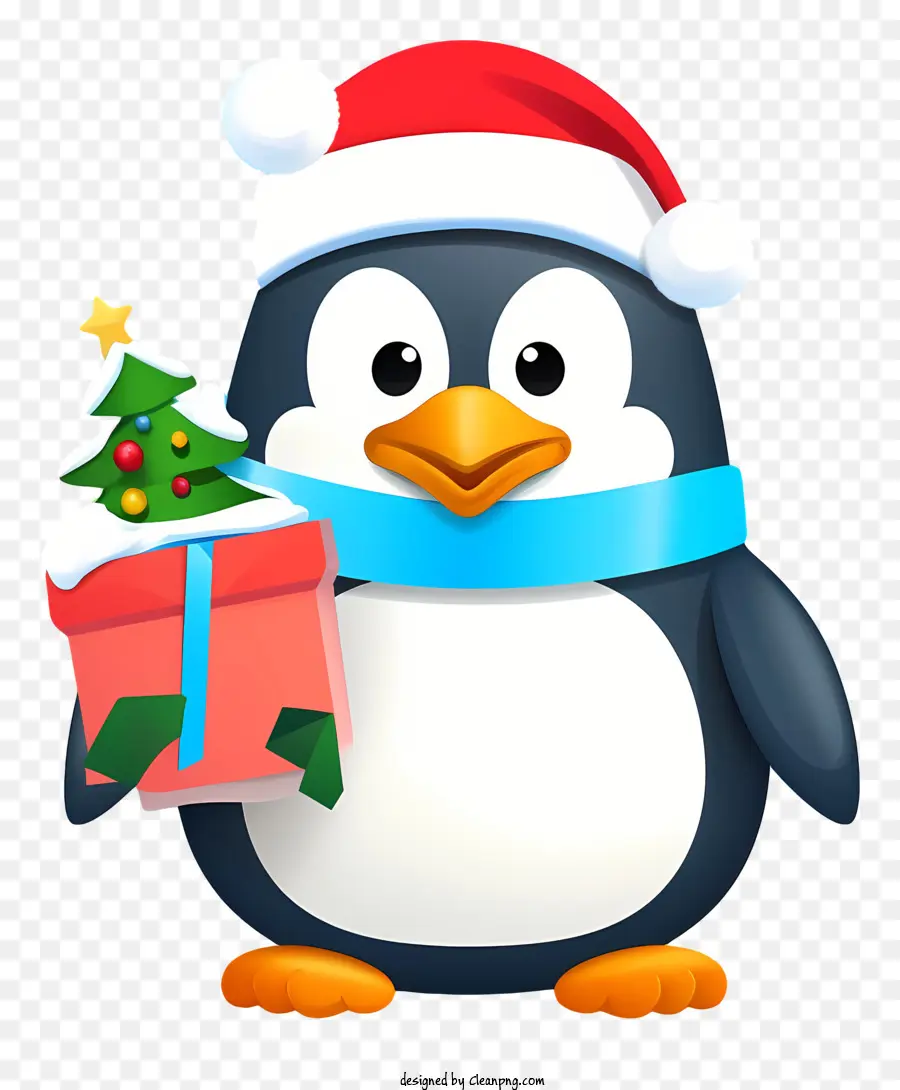 cappello di babbo natale - Penguin da cartone animato con cappello da Babbo Natale con albero di Natale