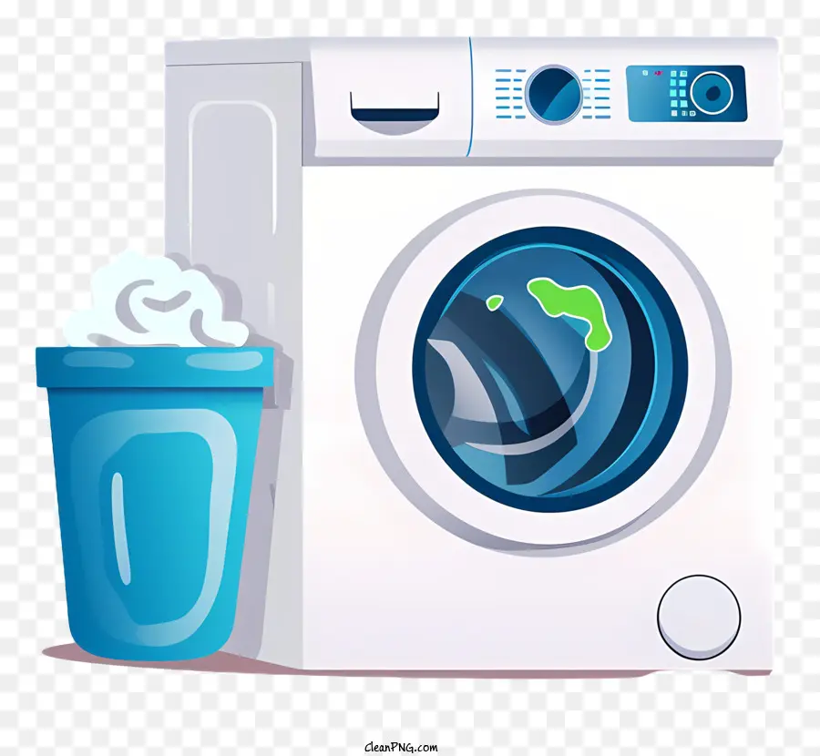 Waschmaschine - Schwarz -Weiß -Bild der Waschmaschine mit blauer Tasse