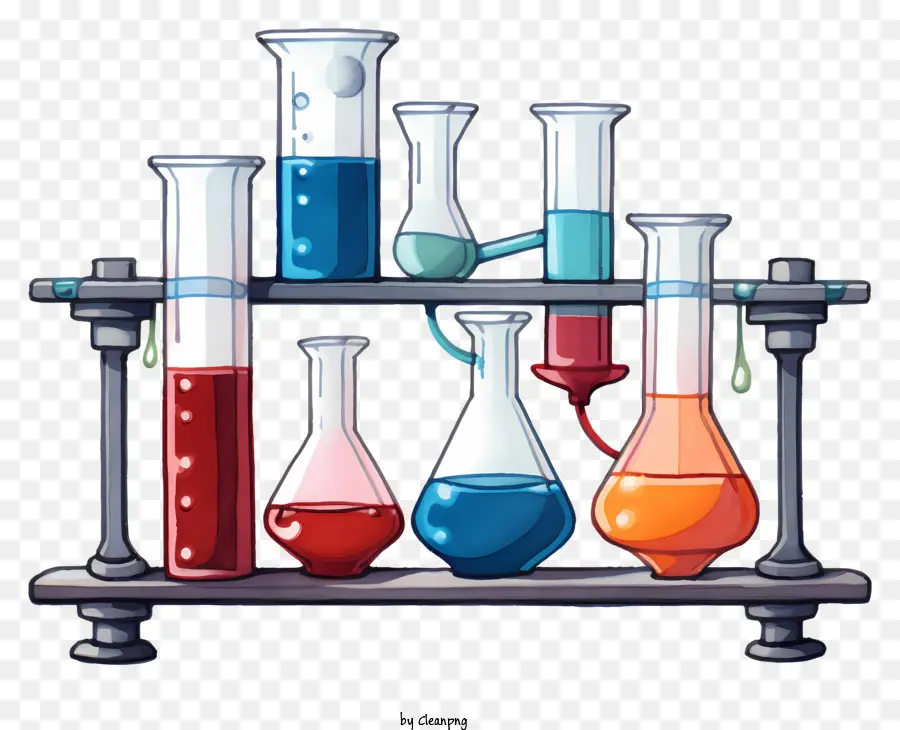 Becher di rack da laboratorio chimici blu rosso - Rack da laboratorio colorato con vari becher e sostanze chimiche