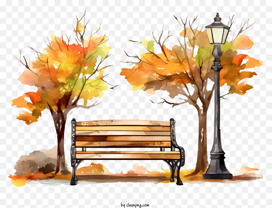 caduta foglie - Pittura ad acquerello di panca e albero del parco