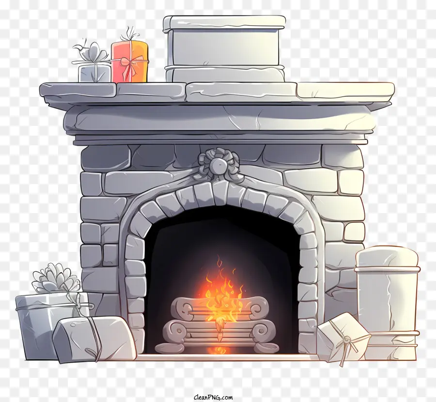 Kaminprotokolle Chimney -Geschenkboxen Geschenke - Gemütlicher Kamin mit gestapelten Geschenkboxen und Feuer