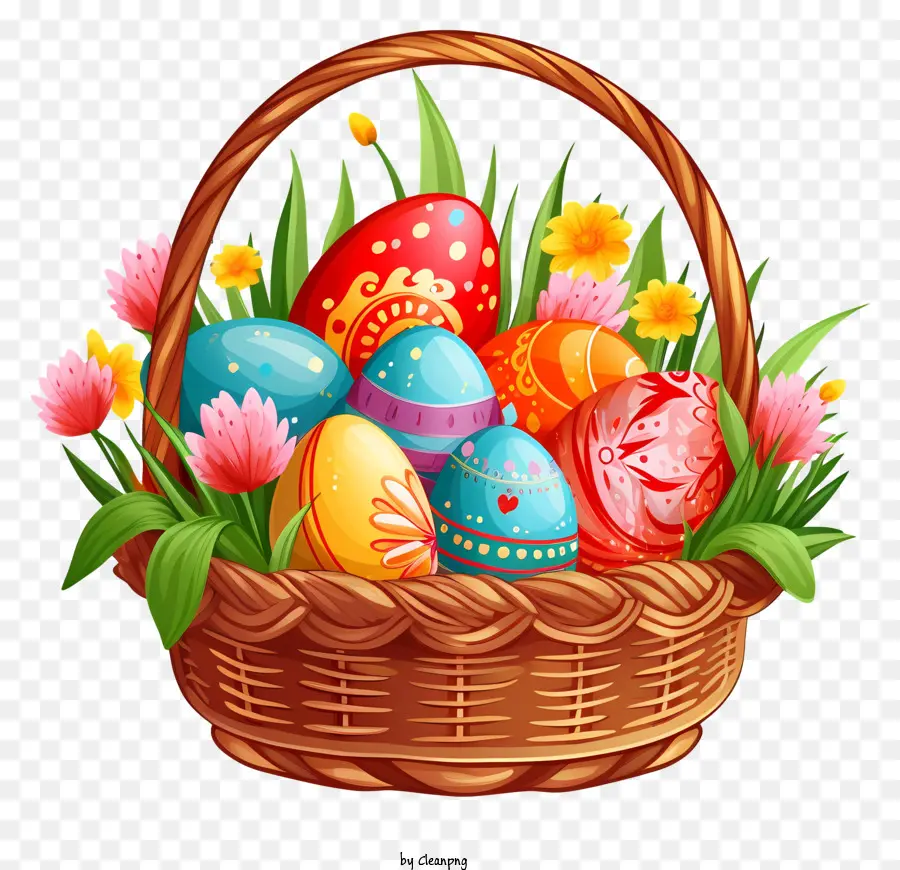 hoa mùa xuân - Trứng đầy màu sắc trong giỏ với hoa, mùa xuân vui vẻ