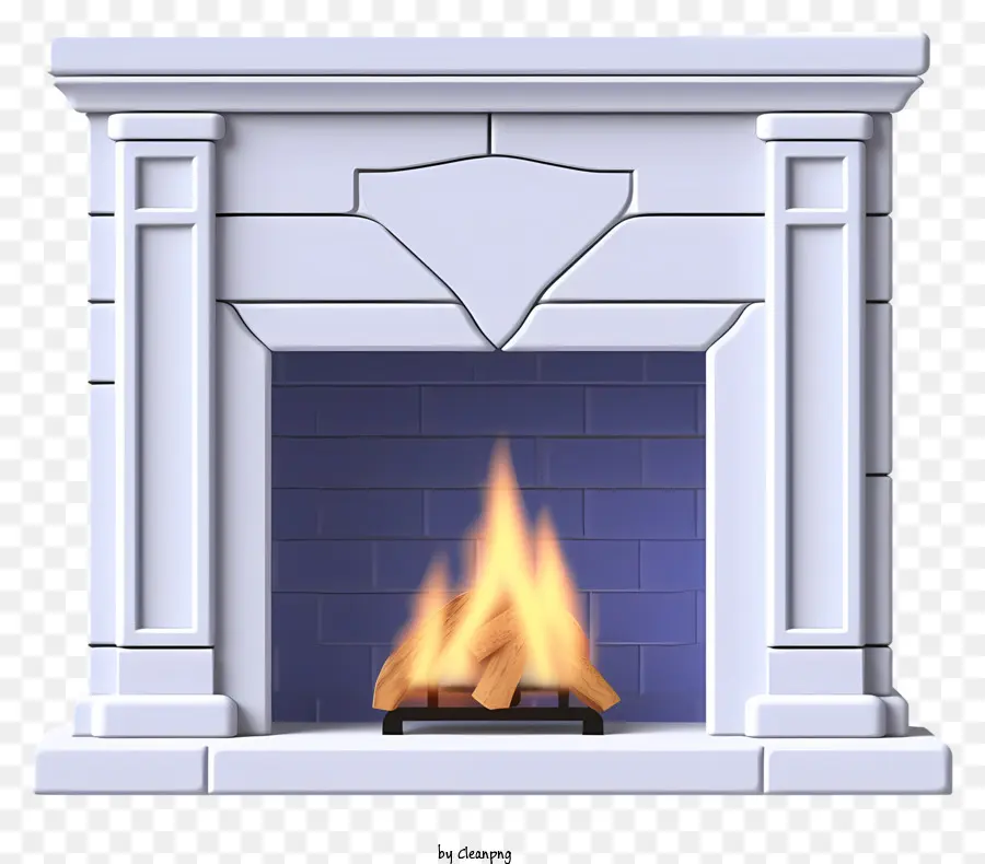 white fireplace wooden shelves black table wooden logs flame