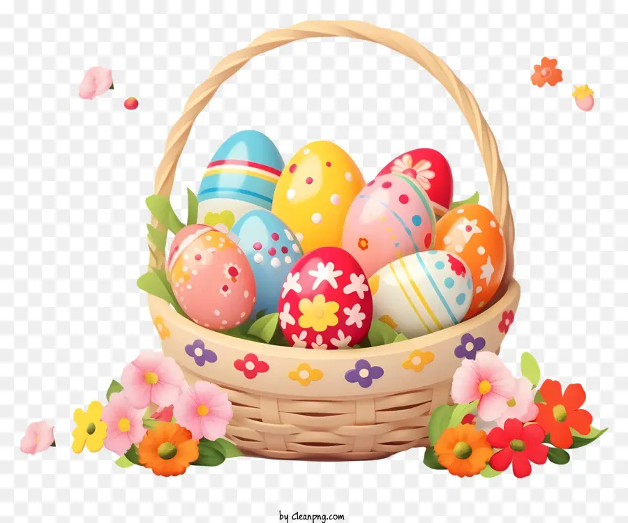 easter eggs colorful eggs basket of eggs confetti flowers