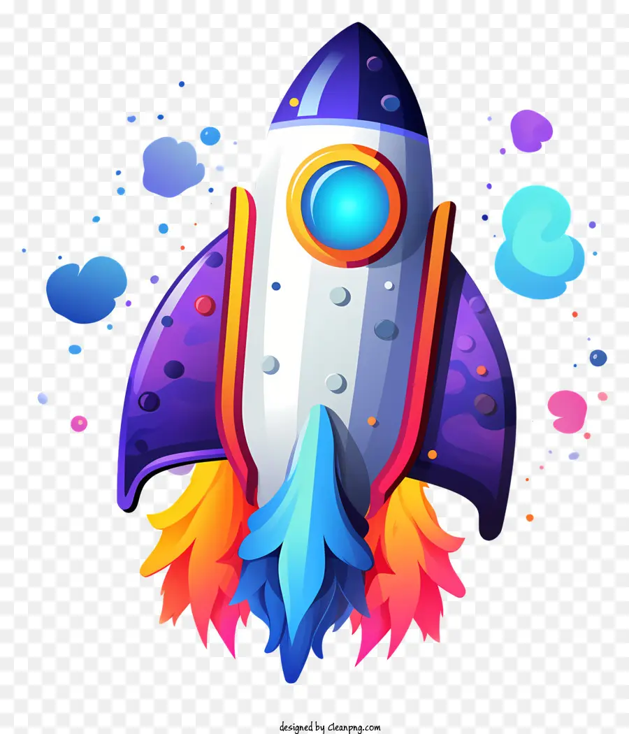 Raketenschiff -Cartoon -Illustration fliegt durch Wolken lebendige Farben Blau und Lila - Cartoon -Raketenschiff fliegt durch lebendige Wolken