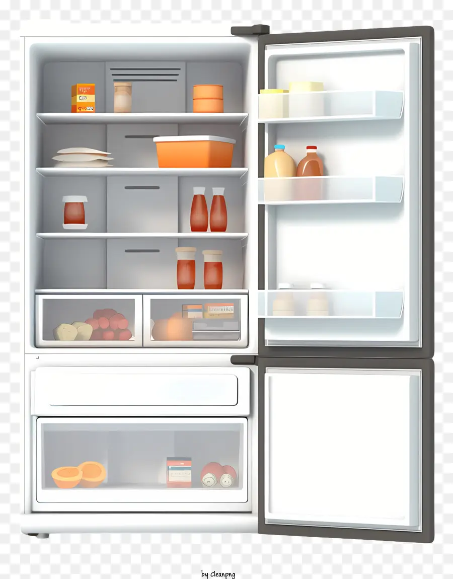 Kühlschrank Lebensmittel Obst Gemüse verpackte Waren - Offener Kühlschrank mit Obst, Gemüse und verpackten Waren gefüllt