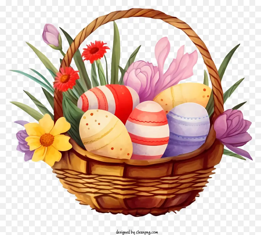 woven basket colorful eggs tulips daffodils black background