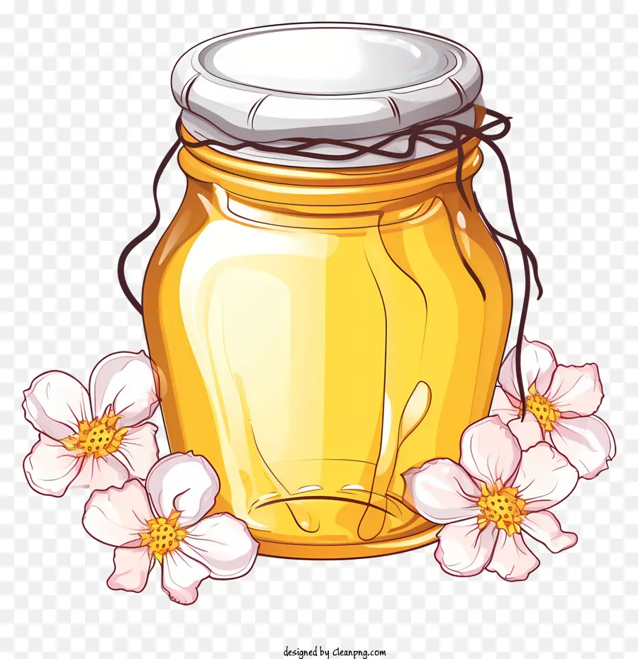 honey jar open lid honey on top white flowers small cluster