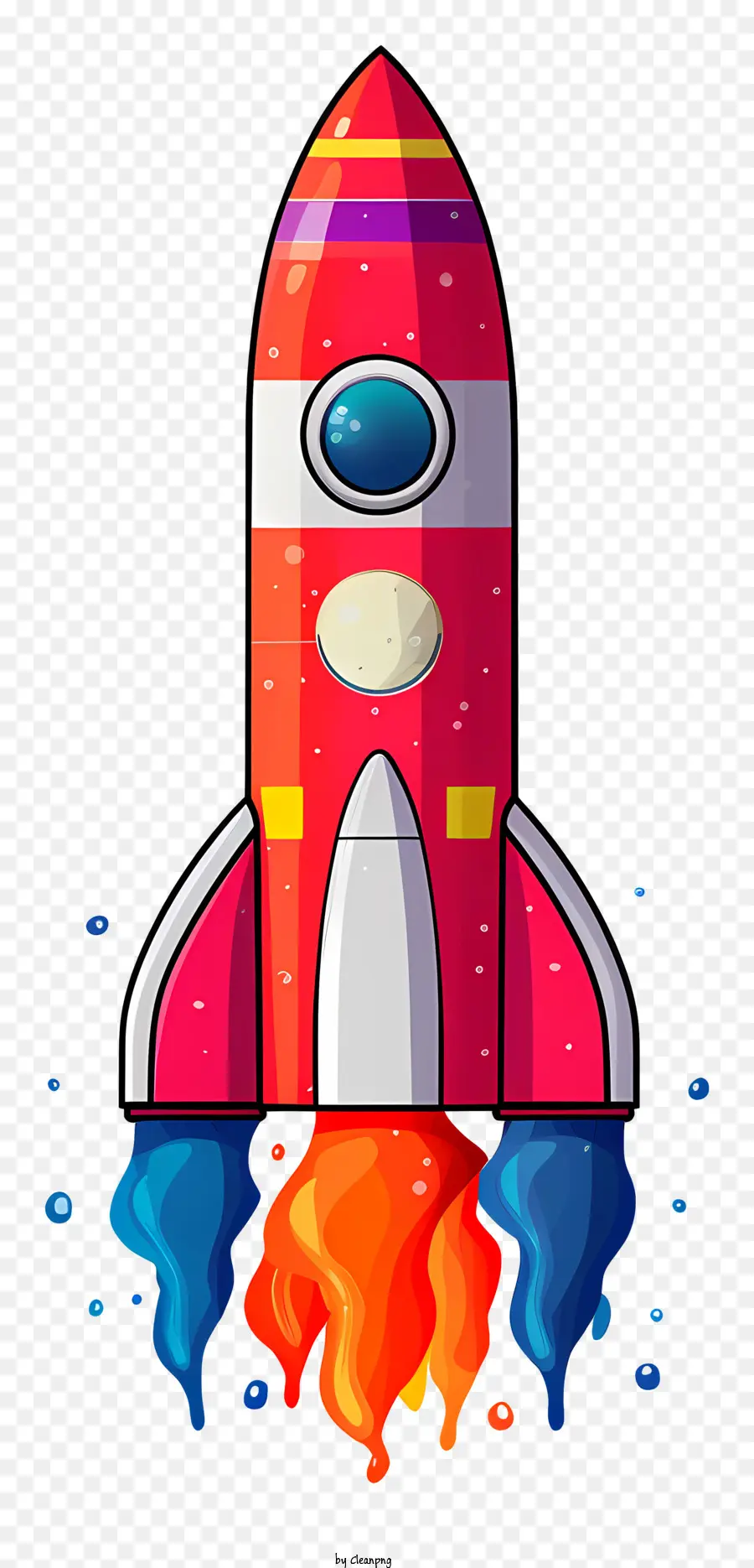 Cartoon Raketenschiff Raketenschiff Illustration Rot und Orange Streifen Blaue Streifen spitze Nase - Cartoon -Raketenschiff fliegt in schwarzem Hintergrund