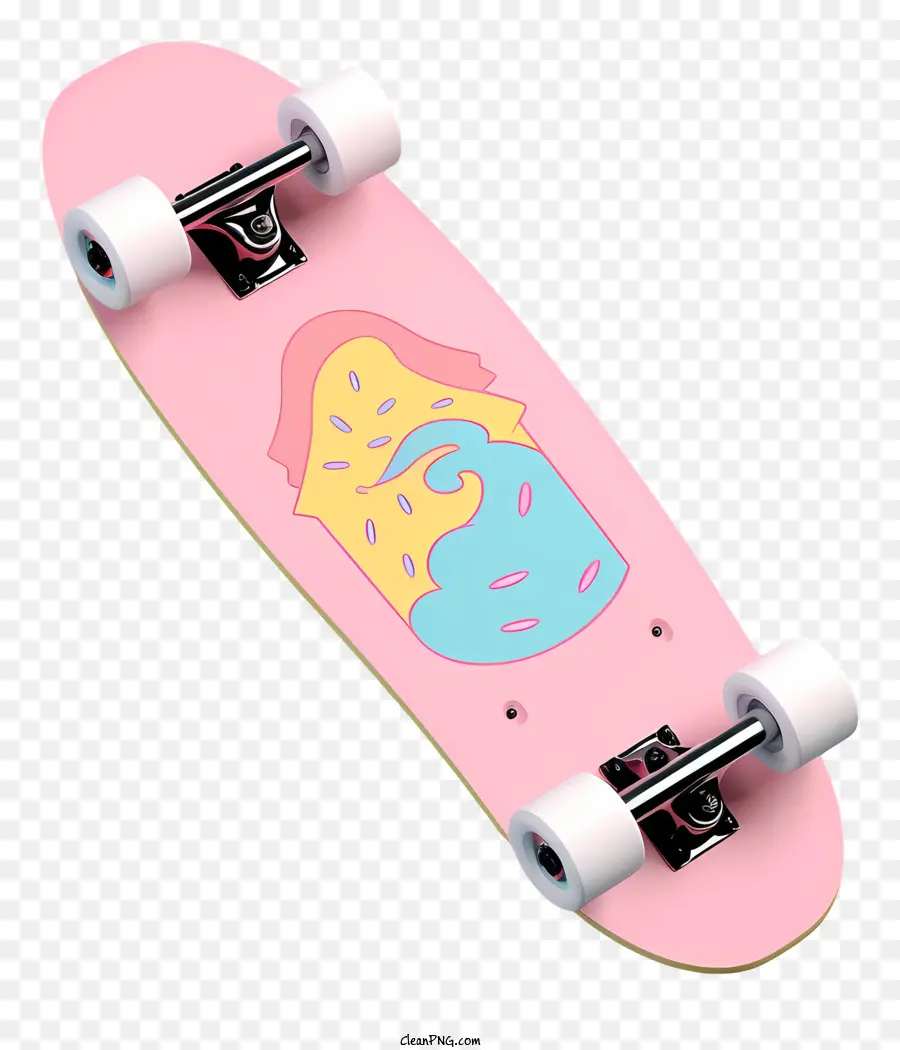 Streusel - Pink Skateboard mit dem Gesicht des Menschen und gelben Donuts