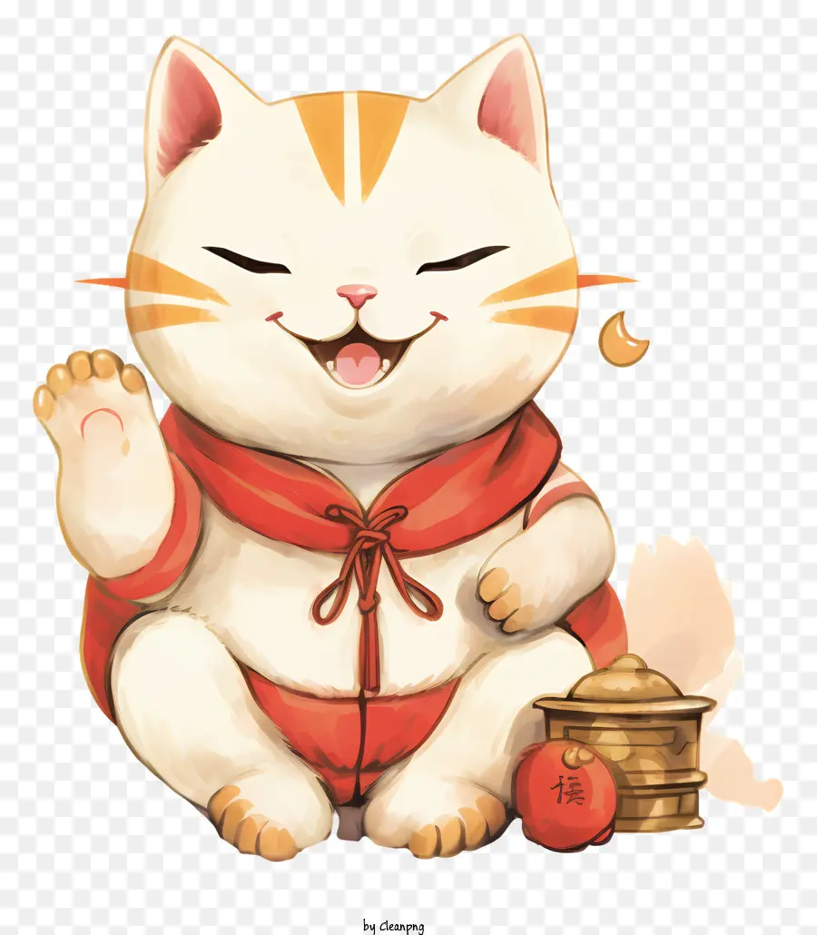 cartoon Katze - Glückliche Katze mit roter Schüssel und Löffel