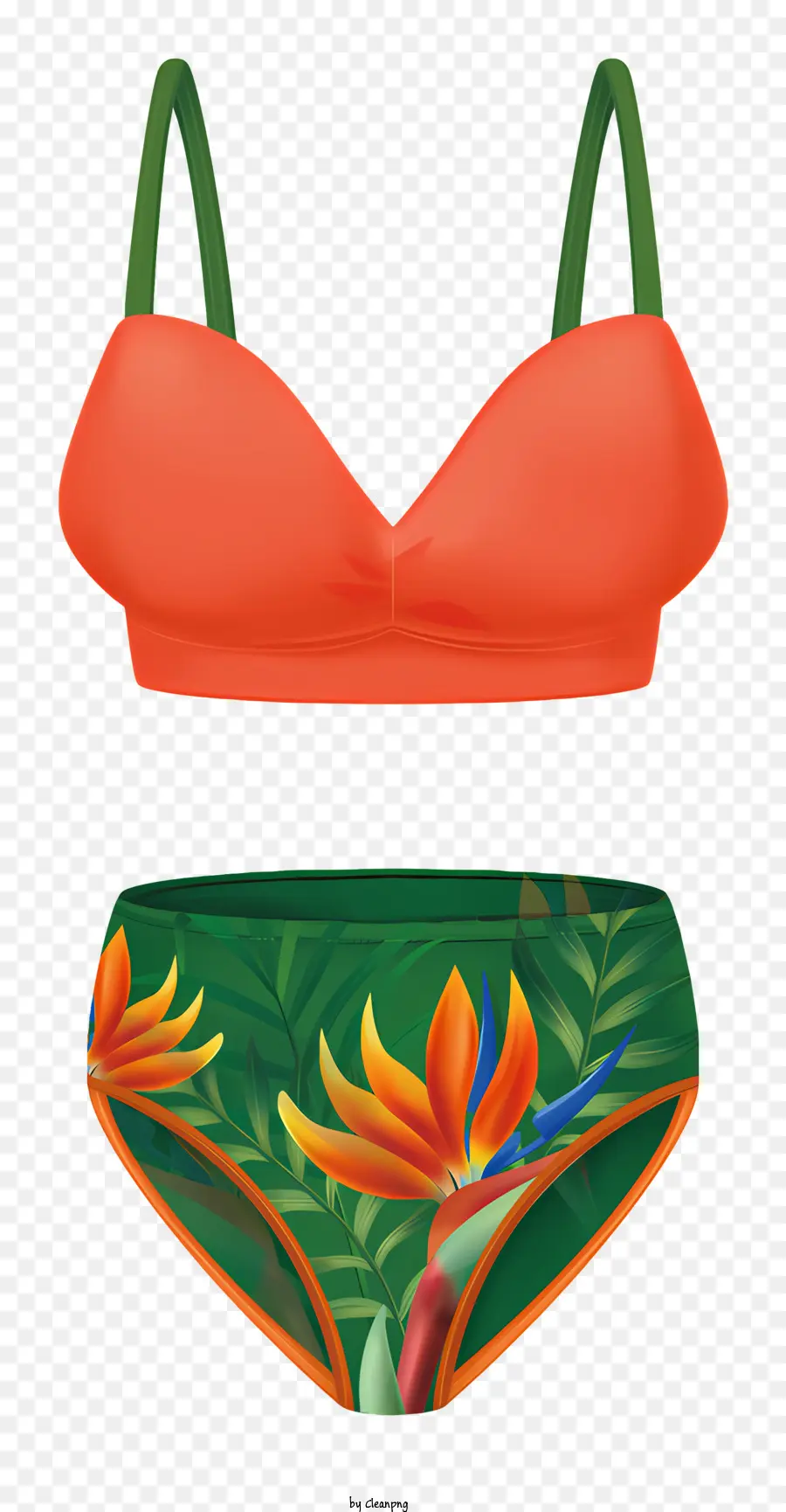 Bikini Tropical Blumendruck Tiefer Ausschnitt Halshöhe hellfarbene obere und passende Körper - Fit Frau im tropischen Bikini auf schwarzem Hintergrund