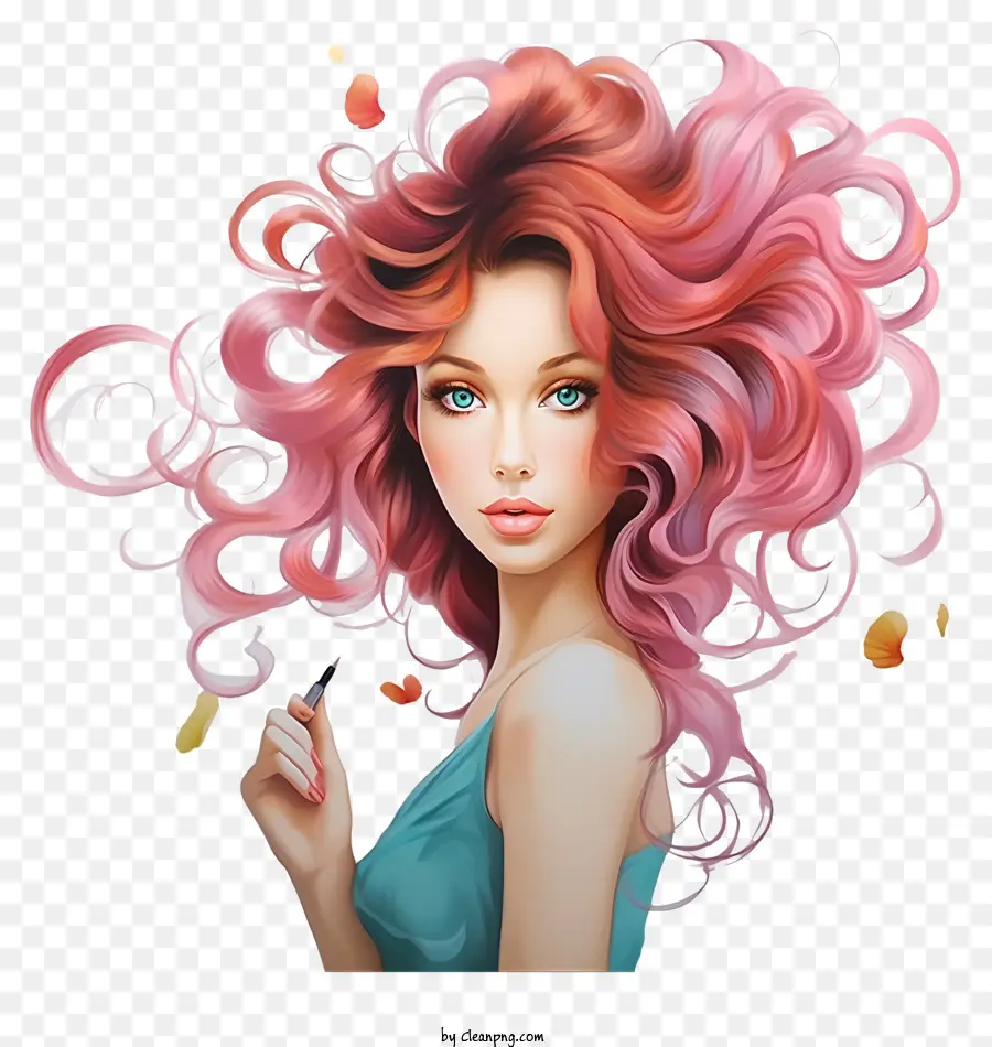 rosa Haarölmalerei langes Haar gelassen Ausdruck Blaues Kleid - Gelassene Frau mit rosa Haaren in verträumter Umgebung