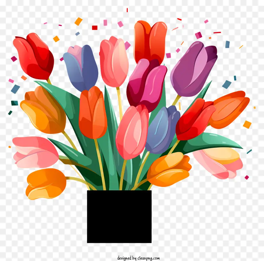 Tulpen Bouquet Bunte Vase Confetti - Buntes Blumenstrauß mit Tulpen in schwarzer Vase, Konfetti