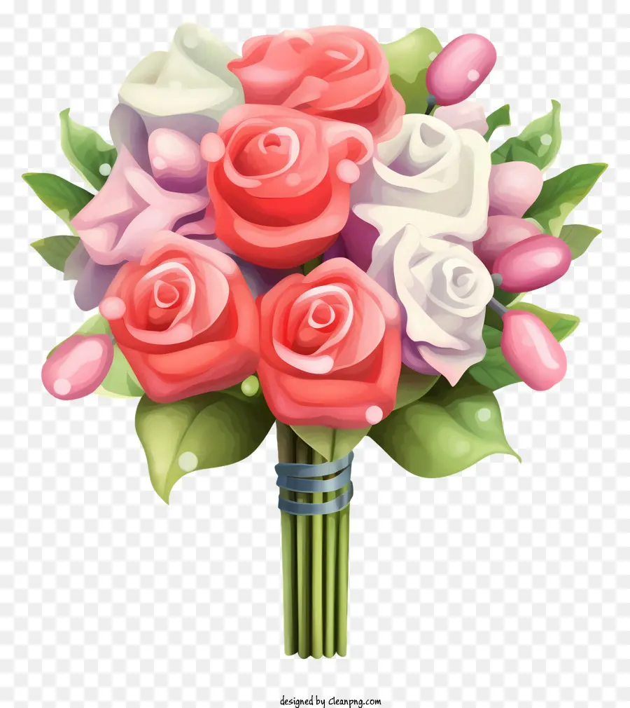bouquet of roses different colored roses greenery around flowers vase or basket long green stem