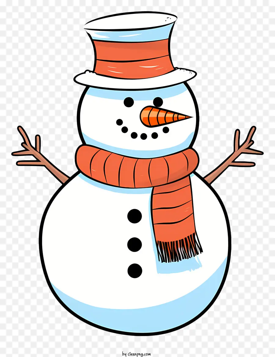 Schneemann - Happy Snowman trägt rote Winterzubehör auf schwarzem Hintergrund