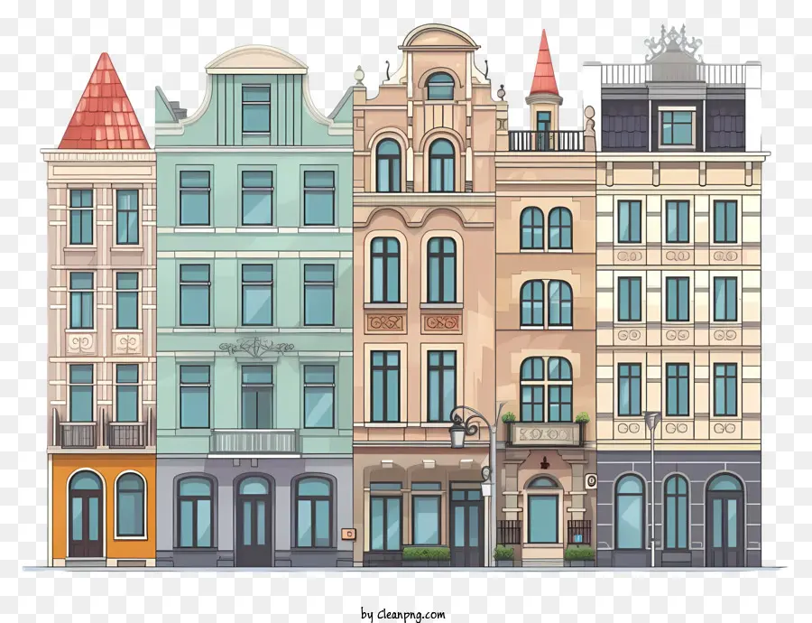 Các tòa nhà chung cư phong cách cũ - Các tòa nhà chung cư kiểu cũ với cửa sổ, cửa ra vào và trang trí khác nhau