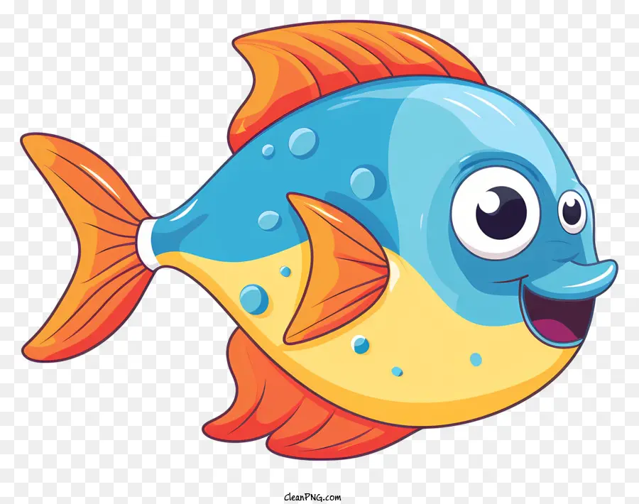 cartoon fish blue and yellow fins smiling fish water droplets aquatic animal