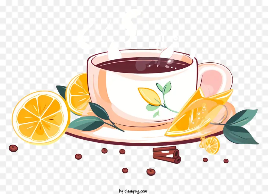 cup of tea lemon slices cinnamon sticks steam tea leaves