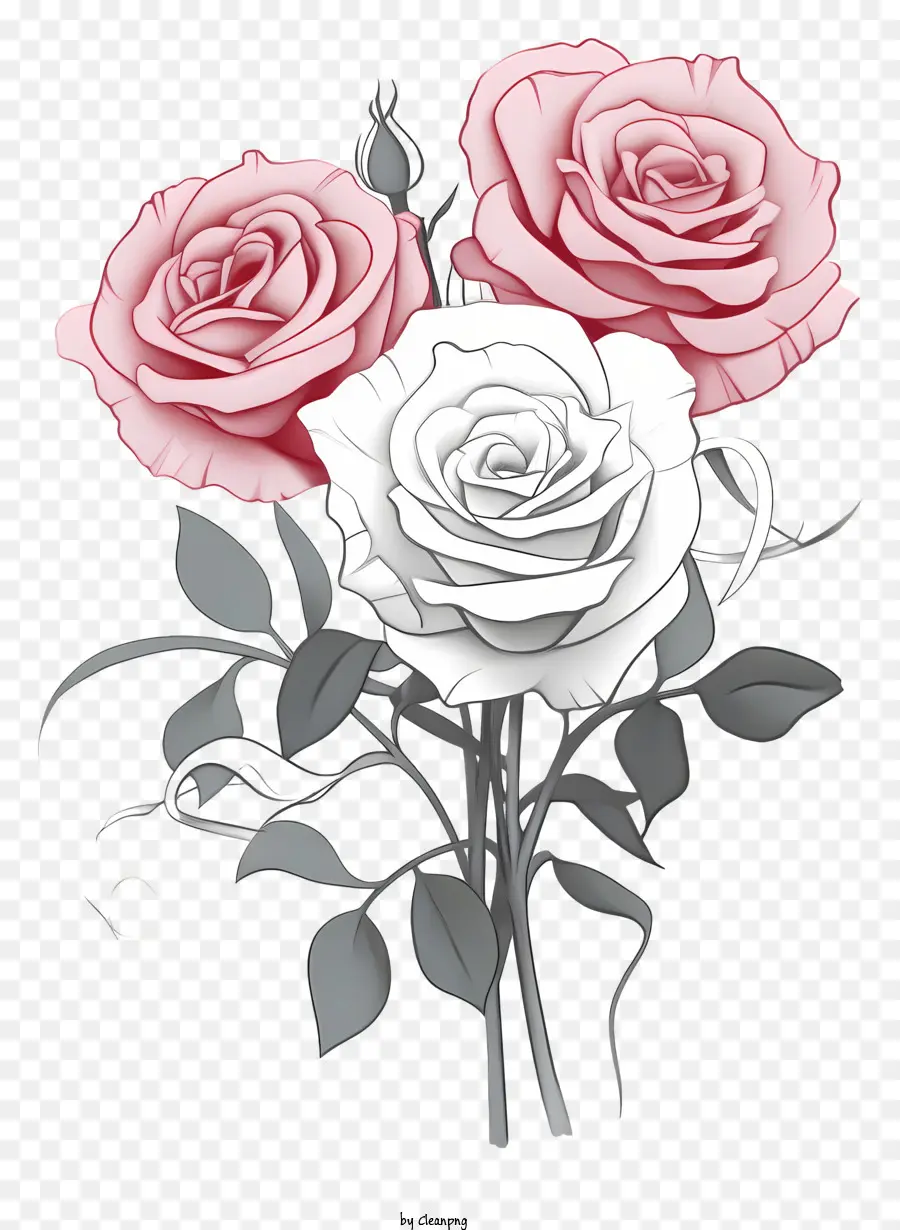 black and white image bouquet of roses pink and white roses vase cascading pattern